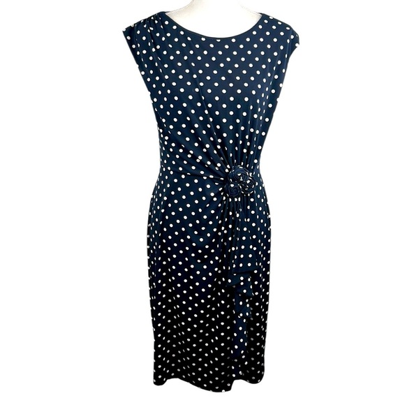 Connected Navy Blue & White Polka Dot Rosette Gathered Waist Dress Size 10 - Picture 1 of 9